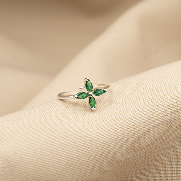 ANILLO FLOR VERDE BAÑO DE PLATA