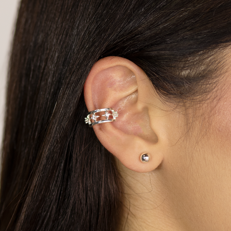 EARCUFF DOBLE DE ESTRELLAS BAÑO DE PLATA