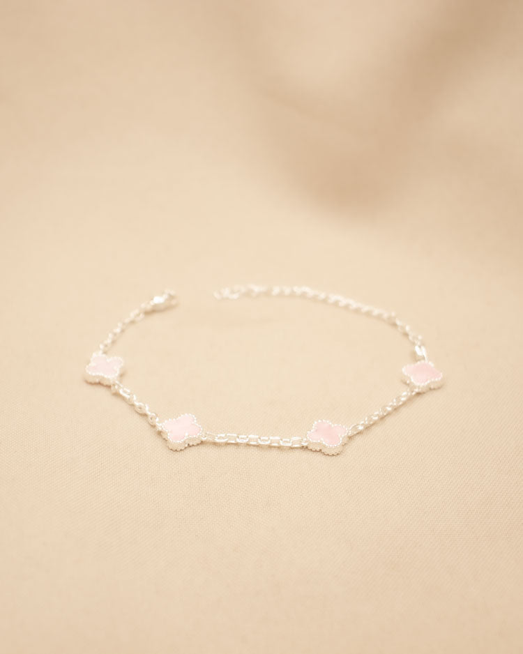 PULSERA MINI CONEXIÓN TREBOL ROSA BAÑO DE PLATA