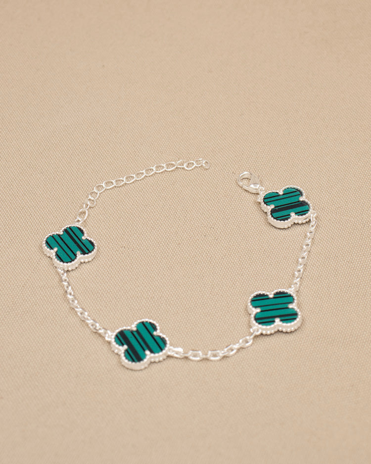 PULSERA CONEXION TREBOL VERDE BAÑO DE PLATA